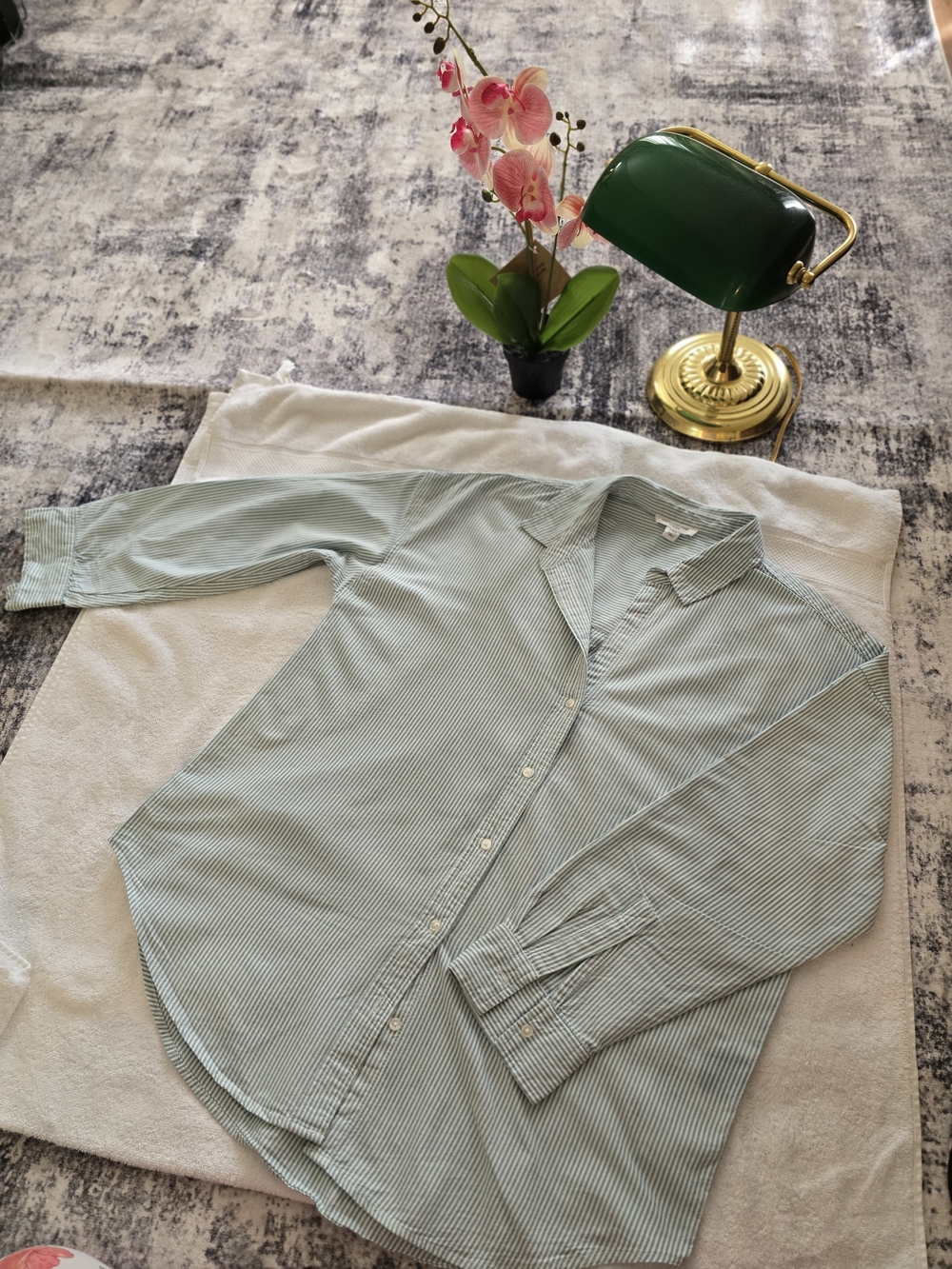 Women’s Light Green Striped Long-Sleeve Button-Up Shirt
